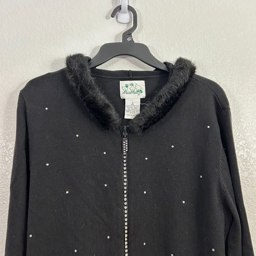 The Quacker Factory Rhinestone Hooded Zip Up Sweater Jacket Bling Faux Fur - Picture 2 of 6